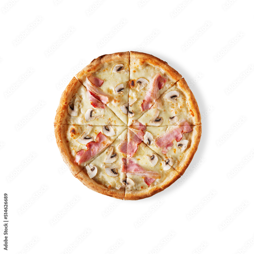 Pizza with bacon, cheese and mushrooms Pizza with bacon, cheese and mushrooms