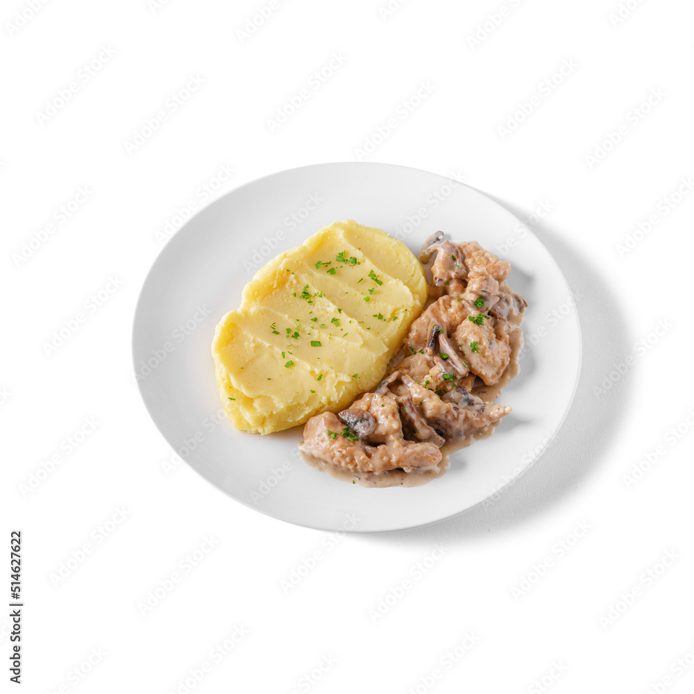 Boiled mashed potatoes with parsley and mushrooms