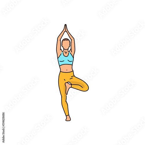 Tree pose vrikshasana color line illustration. Pictogram for web page