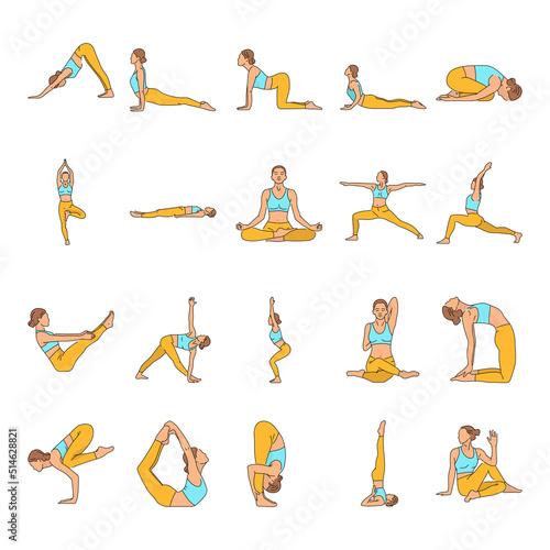 Yoga poses color line icons set. Pictograms for web page