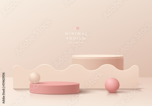 Abstract cream 3D room with set of realistic pink and beige cylinder pedestal podium. Geometric forms element. Minimal scene for product display presentation.  Round stage for showcase. Vector EPS10.