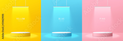 Set of yellow, blue and pink realistic 3d cylinder pedestal podium with glowing hanging lamps neon. Abstract vector rendering geometric forms. Pastel minimal scene. Stage showcase, Product display.