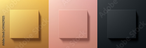 Set of abstract 3D luxury golden, rose gold and black square frame border design. Collection of geometric scene for cosmetic product. Elements for design. Top view of podium or pedestal. EPS10 vector.