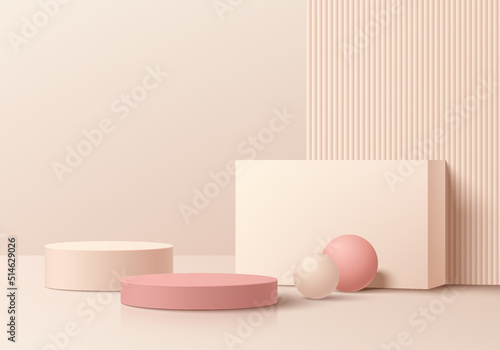 Abstract 3D room with set of realistic pink, cream and beige cylinder pedestal podium. Geometric forms element. Minimal scene for product display presentation. Round stage for showcase. Vector EPS10.