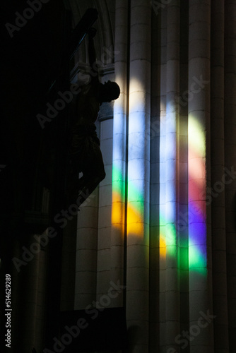 Photography Jesus Christ statue at Almudena Cathedral, Madrid, Spain, with tainted glass ref