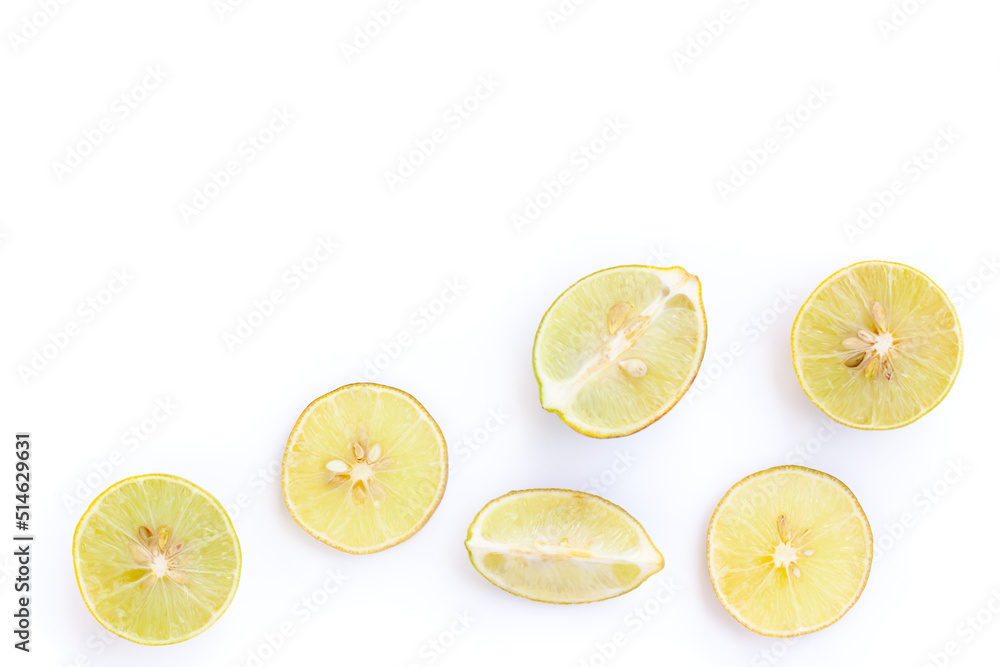 Lemon half and Lemon slices on white background Lemon half and Lemon slices on white background