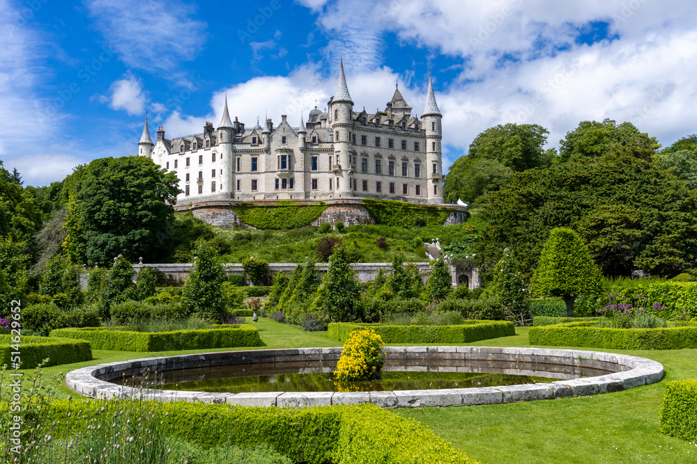 view of Dunrobin Castle and Gardens in the Scottish Highlands