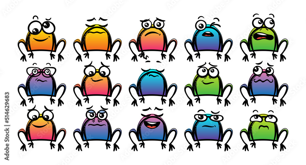 Various Cartoon Toads Set. Doodle faces, eyes and mouth. Caricature comic expressive emotions, smiling, crying and surprised character face expressions Various Cartoon Toads Set. Doodle faces, eyes and mouth. Caricature comic expressive emotions, smiling, crying and surprised character face expressions