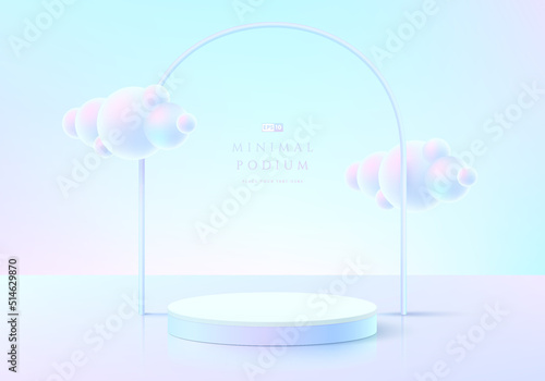 Abstract 3D room with realistic pink and blue hologram color cylinder podium. Pastel cloud flying. Minimal wall scene for mockup product display. Vector geometric forms. Round stage for showcase.