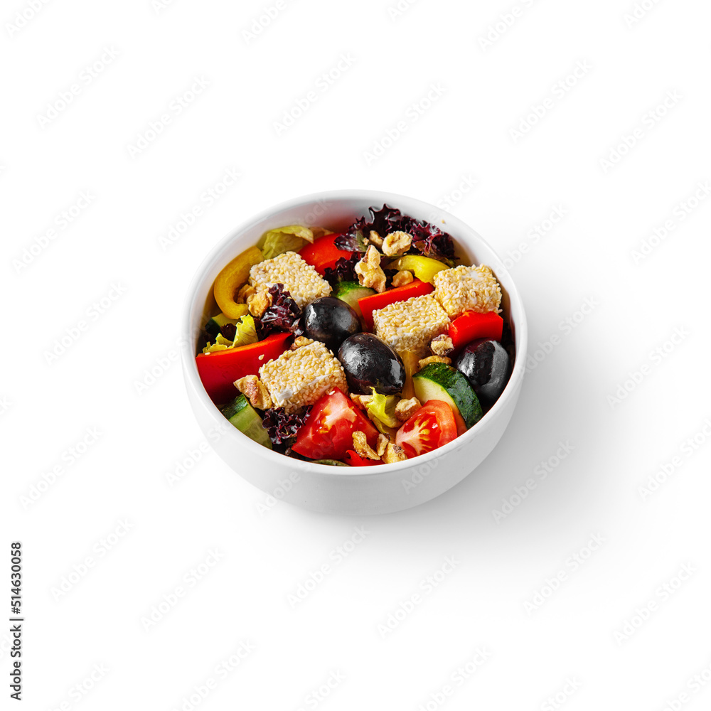 Salad with cheese, sesame seeds, tomatoes, olives