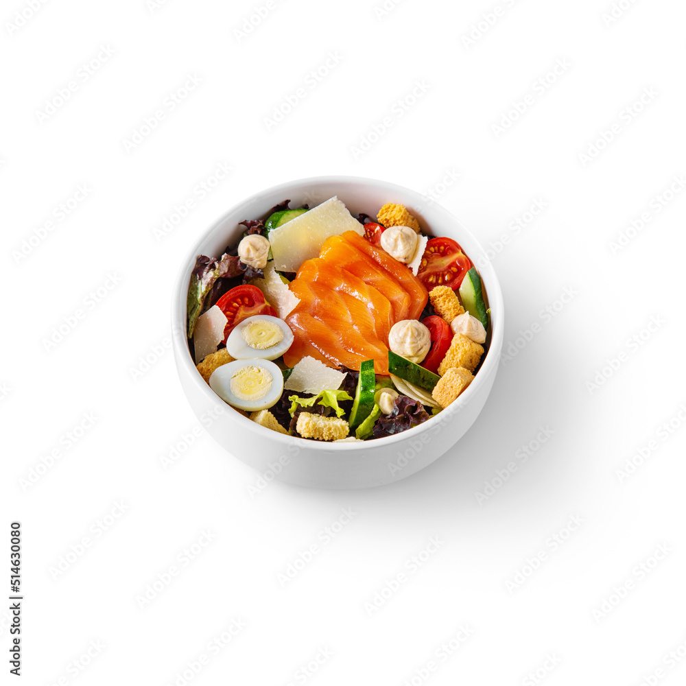 Salad with salmon, eggs, cheese, tomatoes, lettuce, croutons