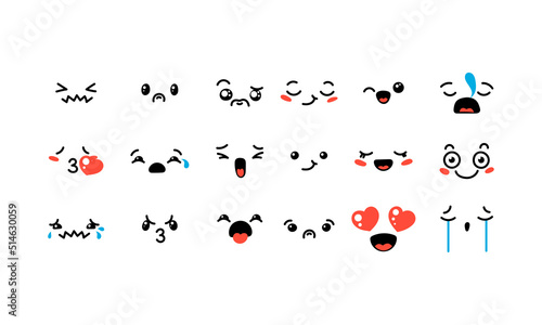 Various Cartoon Emoticons Set. Doodle faces, eyes and mouth. Caricature comic expressive emotions, smiling, crying and surprised character face expressions