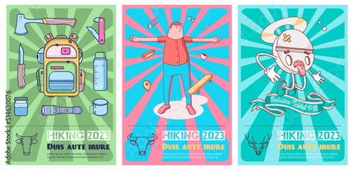 posters with medical pill, doodle man and hiking backpack
