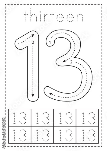 Tracing number thirteen. Preschool worksheet. Black and white.