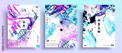 Abstract vector poster, collection of modern art covers. Contemporary art painting with acrylic markers, watercolor streaks and splatter paint. Fragment of artwork. Artistic background.
