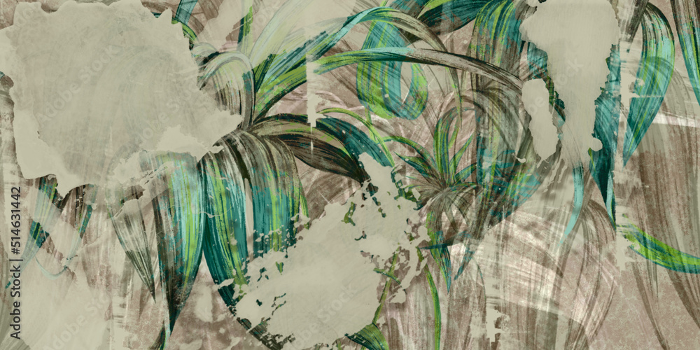 art painted tropical leaves on texture background watercolor blots photo wallpaper