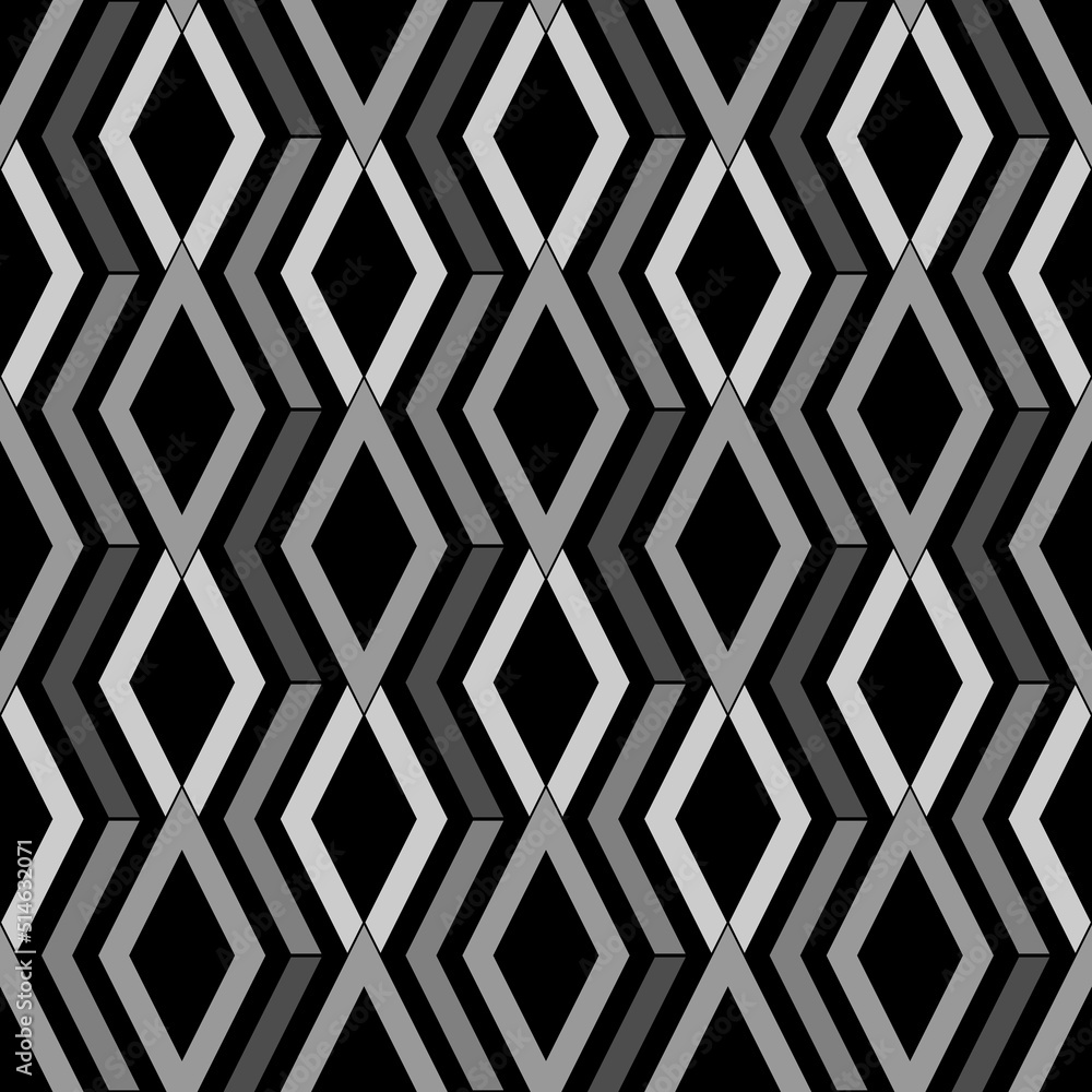 Repeated grey figures on black background. Ethnic wallpaper. Seamless surface pattern design with rhombuses and lines ornament. Diamonds motif. Digital paper for textile print, web designing. Vector Repeated grey figures on black background. Ethnic wallpaper. Seamless surface pattern design with rhombuses and lines ornament. Diamonds motif. Digital paper for textile print, web designing. Vector