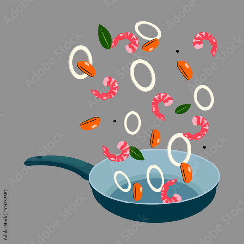 Food preparation. Seafood cocktail (shrimps, mussels), chopped onions in a frying pan. Kitchen utensil. Vector illustration cartoon flat icon isolated. The process of frying Seafood. Healthy food