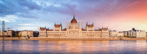 Panorama of the Hungarian Parliament building at sunrise in Budapest, Hungary  