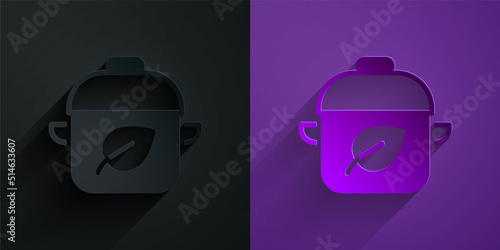Paper cut Vegan food diet icon isolated on black on purple background. Organic, bio, eco symbol. Vegan, no meat, lactose free, healthy, fresh and nonviolent food. Paper art style. Vector