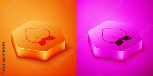 Isometric Peach fruit or nectarine with leaf icon isolated on orange and pink background. Hexagon button. Vector