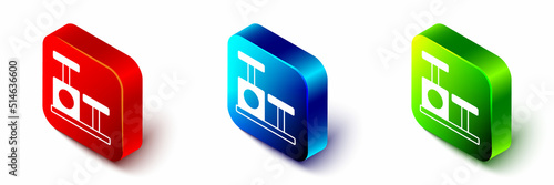 Isometric Cat scratching post with toy icon isolated on white background. Red, blue and green square button. Vector