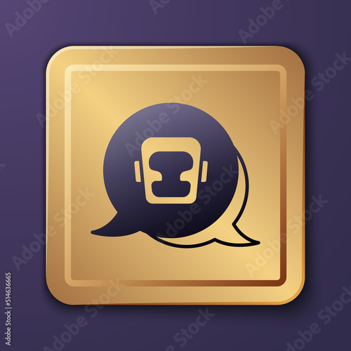 Purple Boxing helmet icon isolated on purple background. Gold square button. Vector