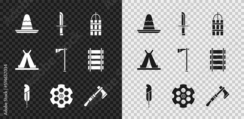 Set Mexican sombrero hat, Military knife, Detonate dynamite bomb stick, Feather pen, Revolver cylinder, Tomahawk axe, Indian teepee or wigwam and icon. Vector