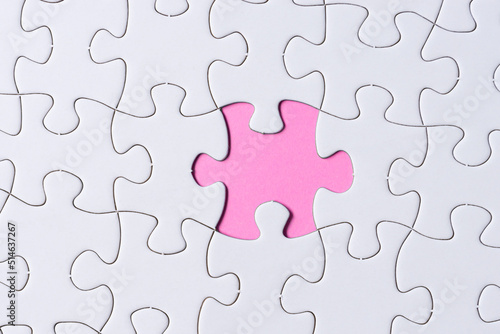 Piece of jigsaw puzzle on pink paper. Flat lay, Directly above.