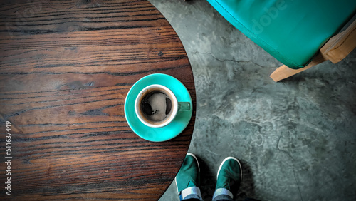 Coffee, table, chair, shoes. Background concept