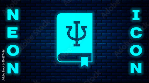 Glowing neon Psychology book icon isolated on brick wall background. Psi symbol. Mental health concept, psychoanalysis analysis and psychotherapy. Vector