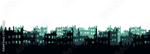 Ruined city. Apocalypse natural or war. Isolated on white background. Seamless horizontal composition. Scorched earth tactics. Sad landscape of destruction. Vector