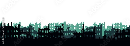 Ruined city. Apocalypse natural or war. Isolated on white background. Seamless horizontal composition. Scorched earth tactics. Sad landscape of destruction. Vector