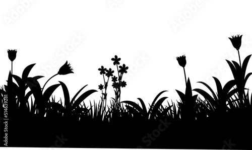 Blooming summer meadow. Dense grass and wildflowers. Rural landscape. Fun cartoon style. Isolated on white background. Silhouette picture. Vector