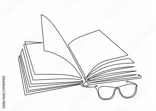 Glasses and open book, continuous line vector illustration. one line vector drawing of a book and a glasses. Black and white hand drawn image.