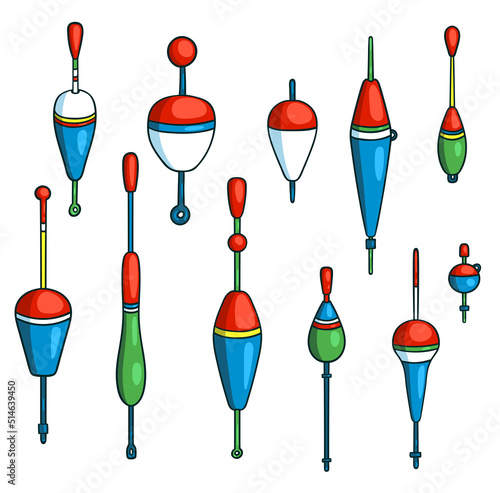 Set of fishing floats. Vector cartoon Illustration. Isolated on white.