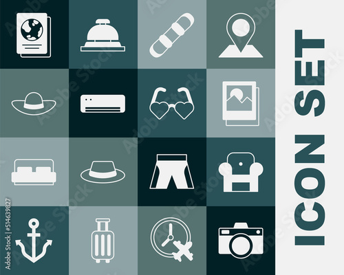 Set Photo camera, Armchair, Snowboard, Air conditioner, Elegant women hat, Passport and Heart shaped love glasses icon. Vector