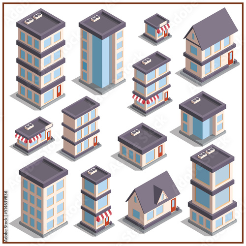 A set of buildings. Isolated on white background. Isometric. Vector illustration.