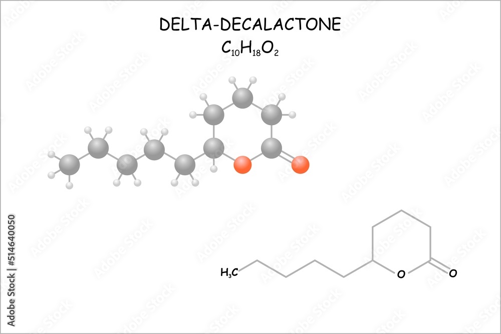 Stylized molecule model/structural formula of delta-decalactone.