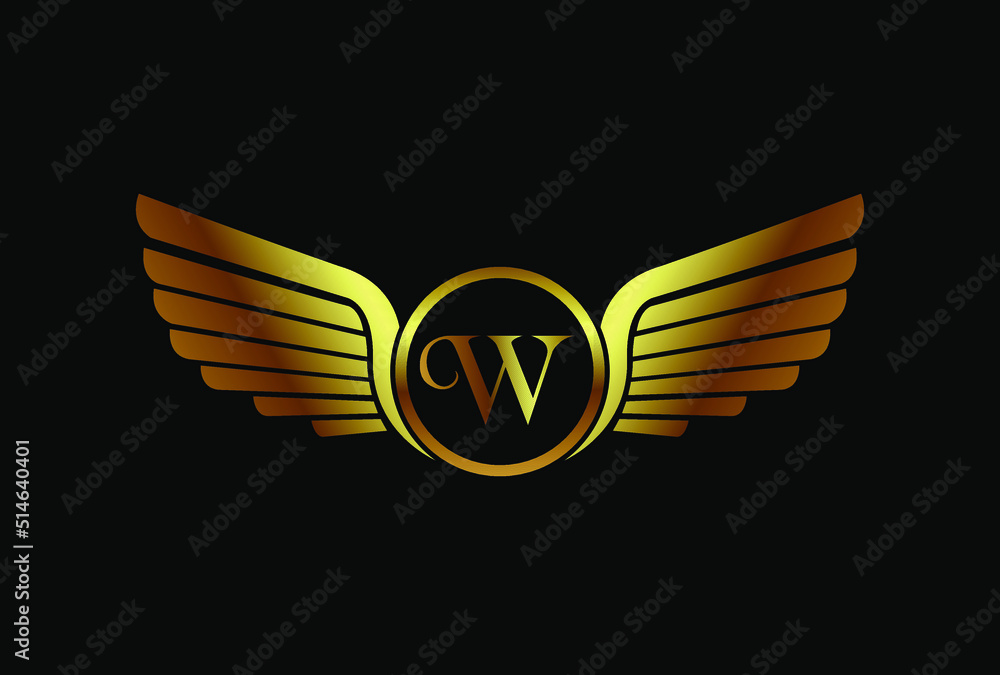 Obraz premium Wings logo element vector template design isolated on black background, two wings emblem with letter W logotype, modern creative trendy brand symbol