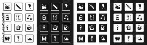 Set Chicken leg, Grilled shish kebab on skewer, Jam jar, Fruit, Cherry, French baguette bread, Jug glass with water and Ice cream icon. Vector