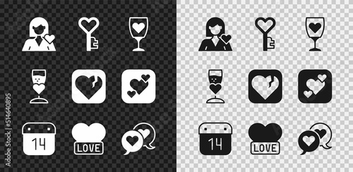 Set Romantic girl, Key in heart shape, Glass of champagne, Calendar with February 14, Heart, speech bubble, and Broken or divorce icon. Vector