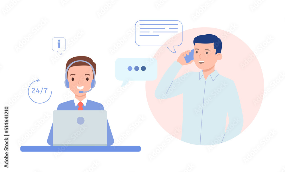 Call center operator is talking to the client. Technical support for customers 24-7, telephone hotline for business. Call center operator is talking to the client. Technical support for customers 24-7, telephone hotline for business.