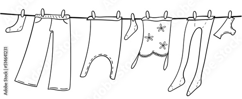 Clothes hanging on a rope. Pants, shirt, socks is drying. Cartoon flat illustration. Flat vector illustration isolated on white background. Linen on the rope.