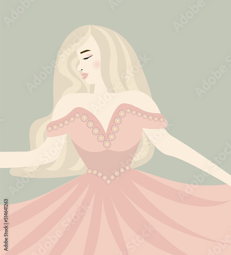 A blonde girl in a beautiful dress is dancing at ball, teenager prom, birthday, celebration, party, soiree, evening. The atmosphere of a princess. Flat vector illustration