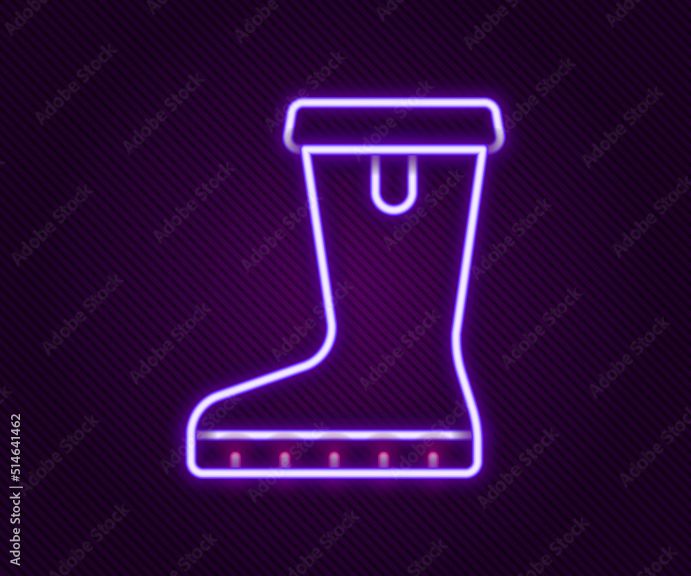 Glowing neon line Waterproof rubber boot icon isolated on black background. Gumboots for rainy weather, fishing, gardening. Colorful outline concept. Vector Glowing neon line Waterproof rubber boot icon isolated on black background. Gumboots for rainy weather, fishing, gardening. Colorful outline concept. Vector