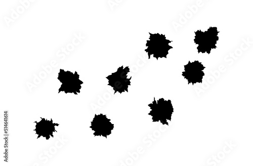 Bullet holes of gun or pistol. Shoot in metal single and double hole. Damage and cracks on surface. Vector isolated on background