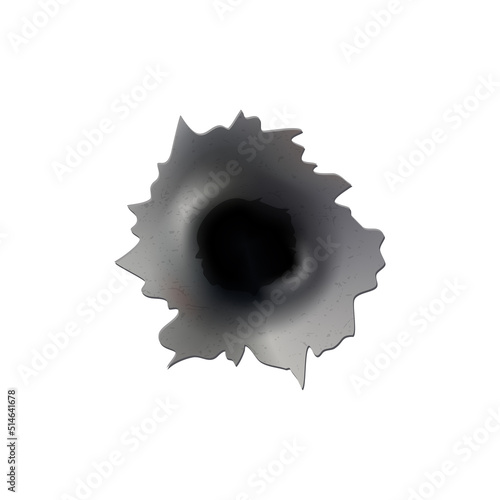Bullet holes of gun or pistol. Shoot in metal single and double hole. Damage and cracks on surface. Vector isolated on background