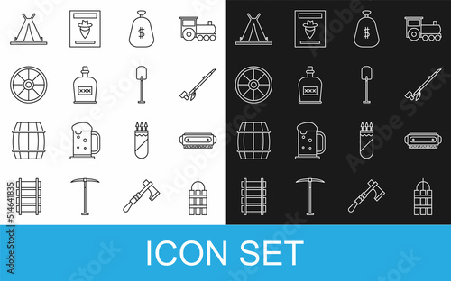 Set line Detonate dynamite bomb stick, Harmonica, Native American indian smoking pipe, Money bag, Alcohol drink Rum bottle, Old wooden wheel, Indian teepee or wigwam and Shovel icon. Vector