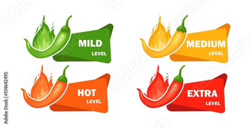 Hot spicy level with flame pepper. Infographic design template with red hot chili pepper on white background. Vector illustration